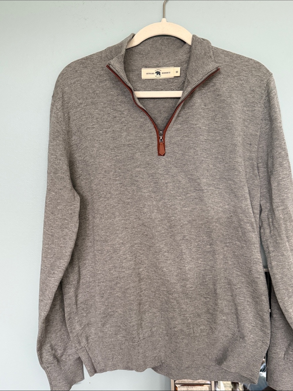 Men's Gray Zip-Neck Sweater with Leather-Trim Pull